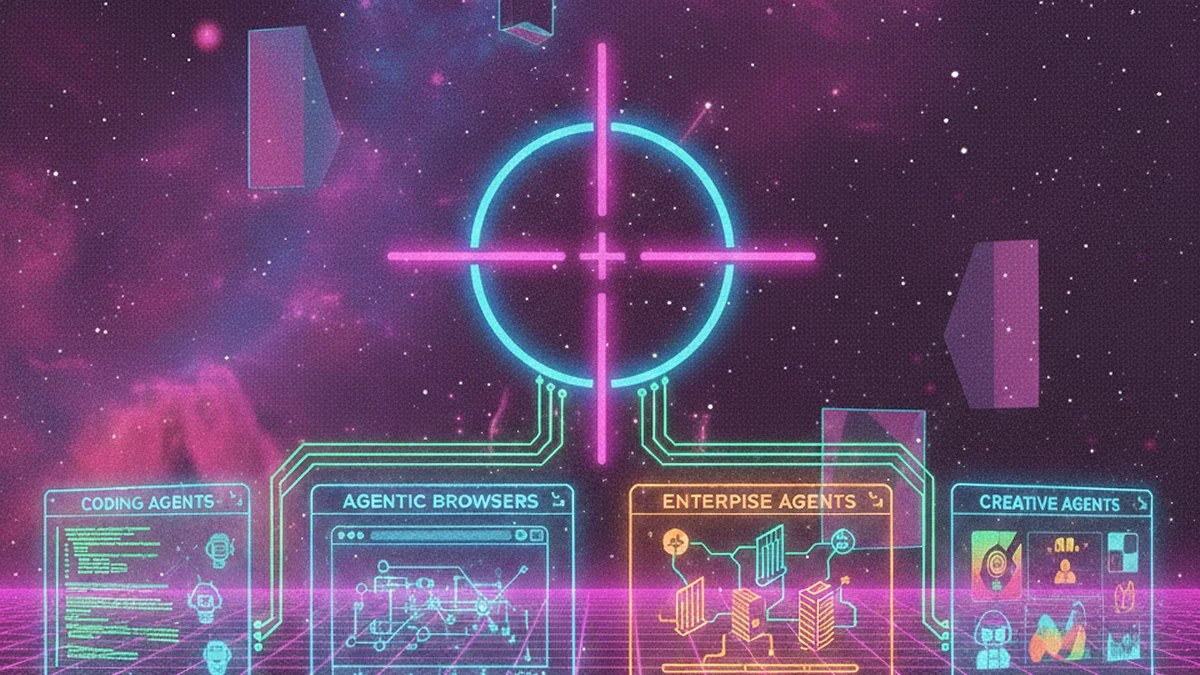 Conceptual image of an AI system connecting to multiple agent types—coding, enterprise, creative, and browser agents—symbolizing the shift from inference to AI agency.