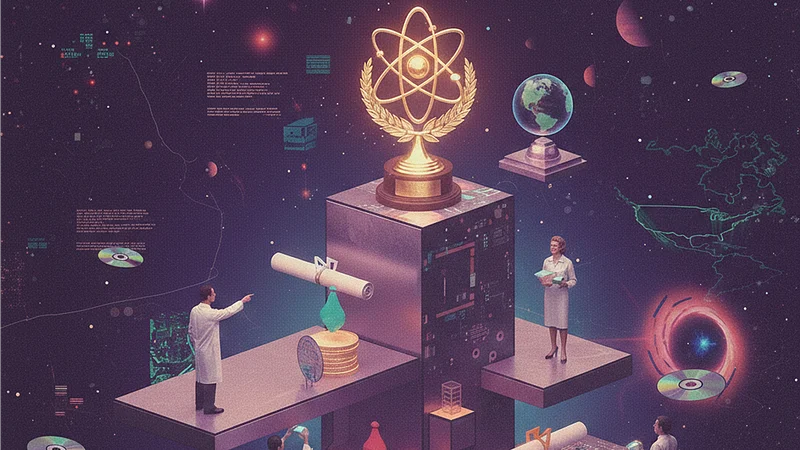 Security researchers in a cosmic workspace centered around a golden atomic achievement trophy, surrounded by data visualizations and global connectivity symbols.