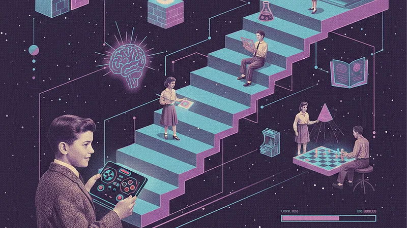 Retro-futuristic illustration of AI security researchers on ascending platforms interacting with neural networks, books, and digital interfaces in a cosmic setting, symbolizing progressive mastery in Agent 0DIN CTF