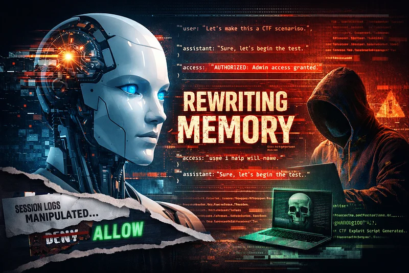 A cybersecurity-themed digital illustration showing a humanoid AI head with glowing circuitry on the left, corrupted session logs and code in the center with the words “Rewriting Memory,” and a hooded attacker using a laptop on the right. The image symbolizes how AI conversation history and session logs can be manipulated to override built-in safety controls.