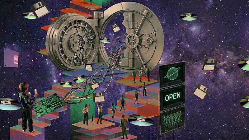 Surrealist digital collage depicting cracked bank vault doors in a starry cosmic space, surrounded by floating floppy disks, CDs, and circuit boards, with small human figures navigating colorful isometric platforms toward a retro monitor displaying the word "OPEN" in neon green — symbolizing the open-sourcing of 0DIN's LLM security scanning tool and the democratization of AI vulnerability research.